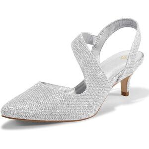 🆕Women's Silver Dress Shoes Low Heels 2 inch Kitten Pumps Sling Back Shoes